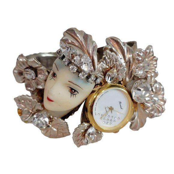Vintage Bonnetto wristwatch bracelet women's metal ornate rhinestone floral
